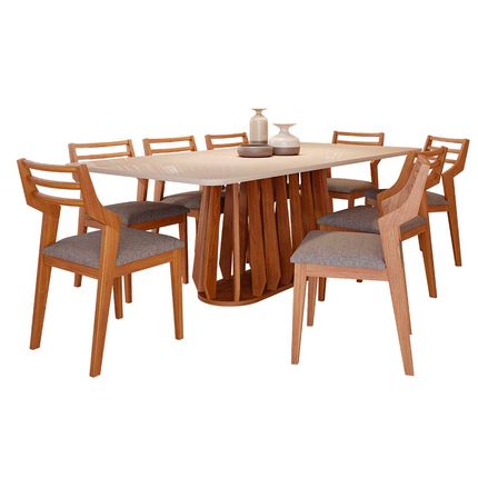 Conjunto Mesa Cimol Pitanga 210cm com 8 Cadeiras Damasco Natuame - Madeira/Off White