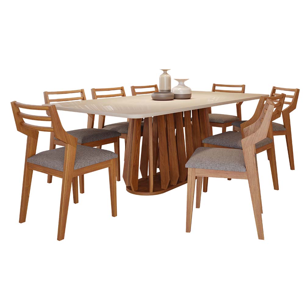 Conjunto Mesa Cimol Pitanga 210cm com 8 Cadeiras Damasco Natuame - Madeira/Off White