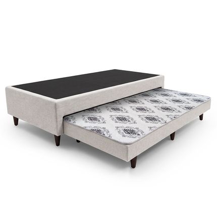 Base Box com Cama Auxiliar D28 Solteiro 88cm BEQAA Tecido Linho - Bege