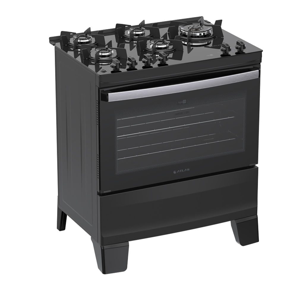 Fogão Atlas Agile Up Glass 5 bocas com Mesa de Vidro e Tripla Chama Lateral - Preto