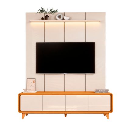 Painel EDN Estone 180cm + Rack EDN Liv para TV até 75'' - Off White/Cedro